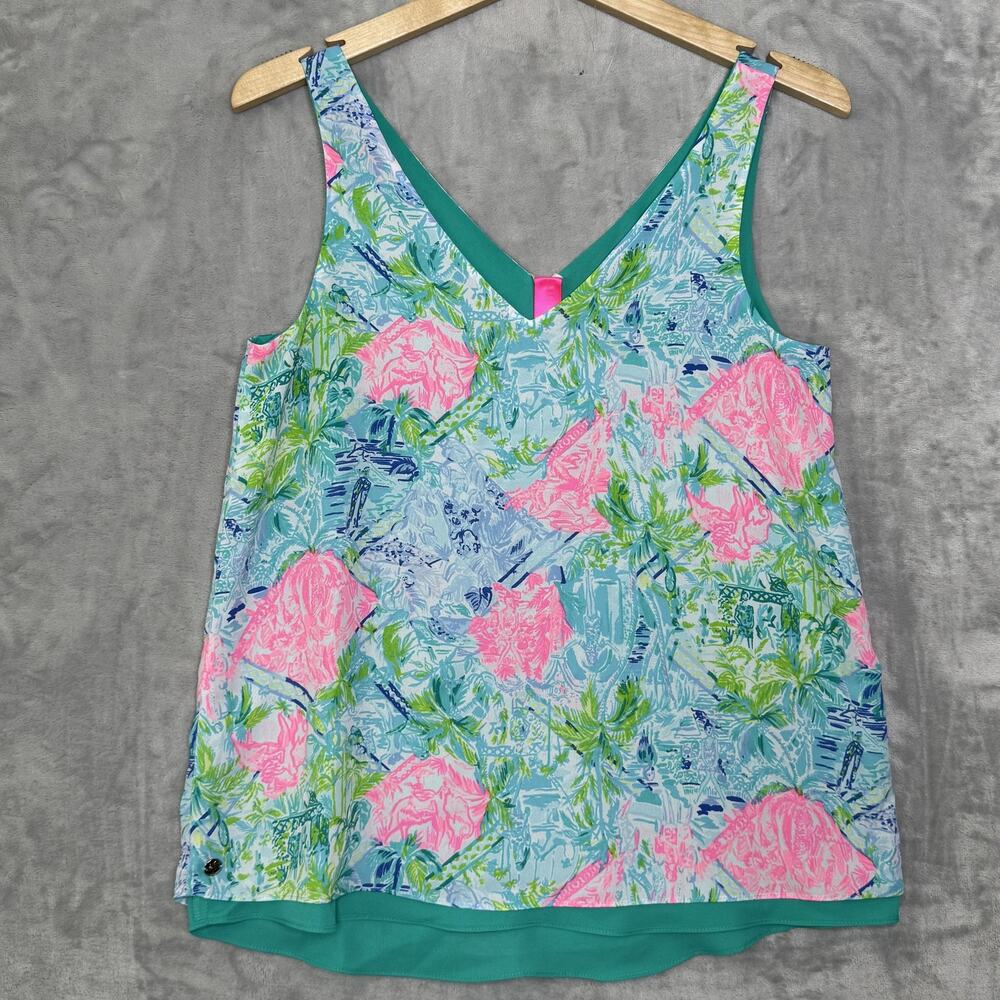 Lilly Pulitzer Tank Top Womens XS Blue Pink Green Reversible V Neck Palm Print
